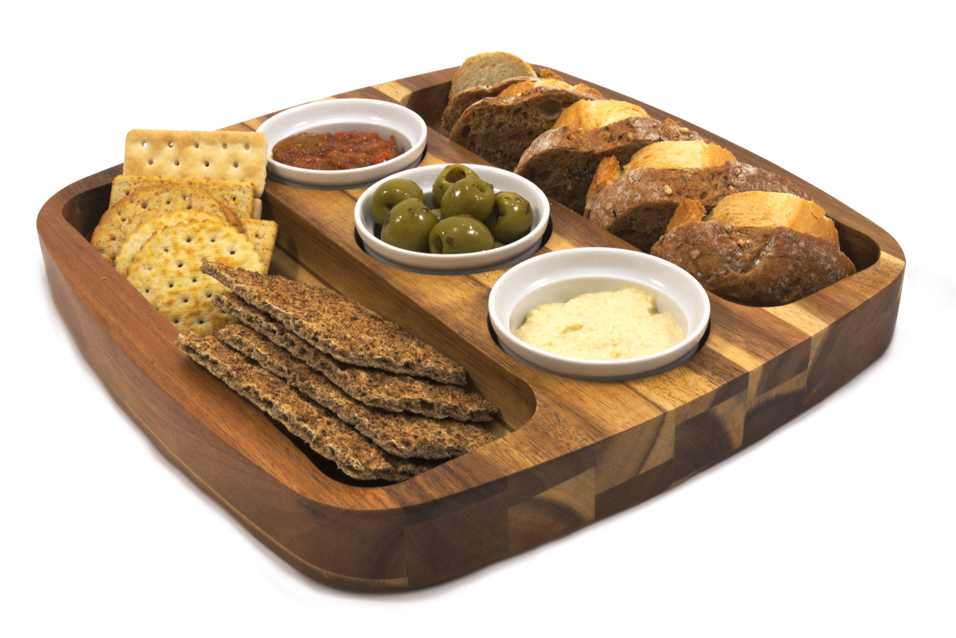 Acacia wooden serving board with 3 dip bowls